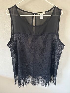 Sheer Lace Fringe Tank Top - Black